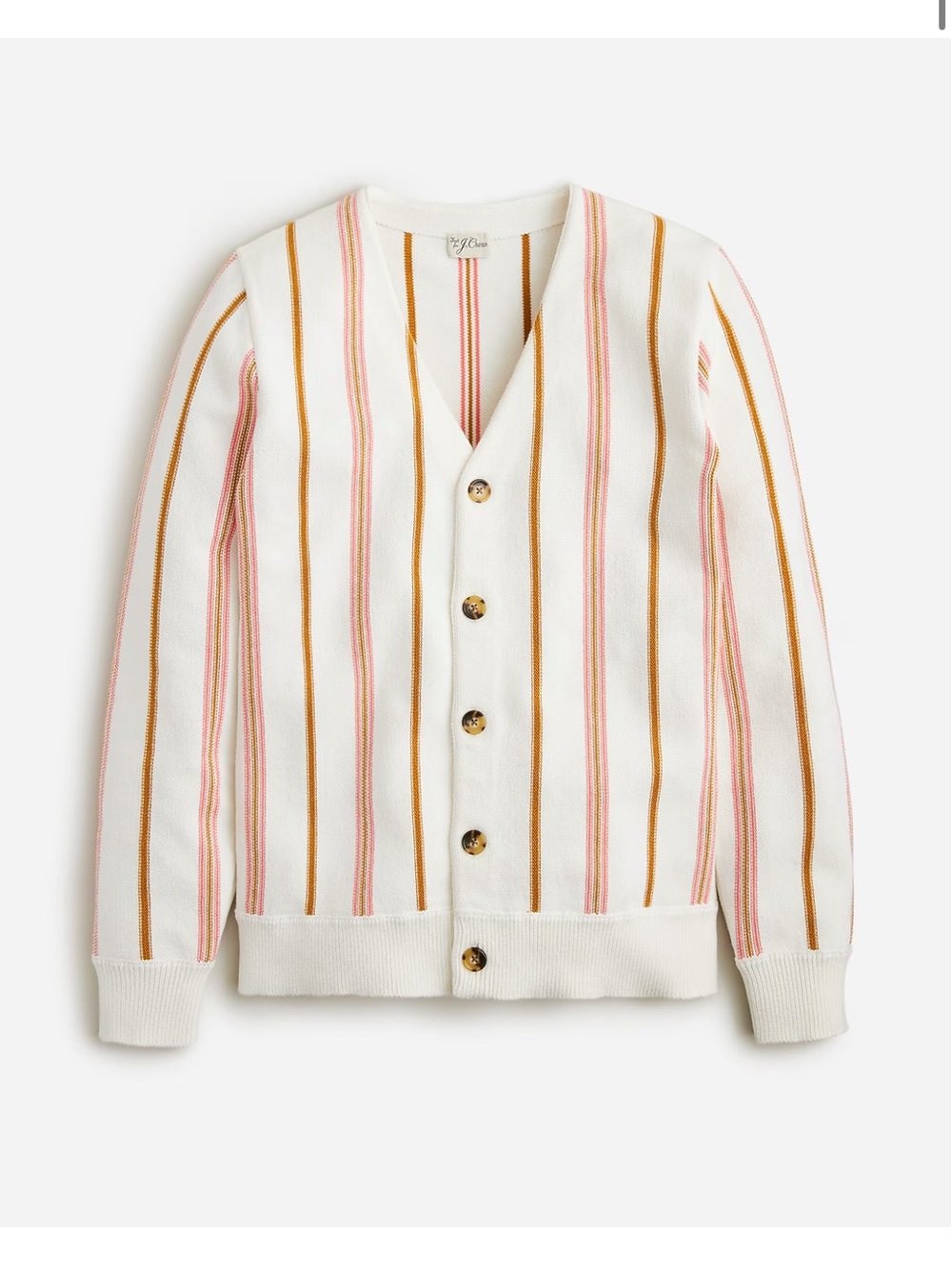 J. Crew White V-Neck Cardigan with Pink & Gold Stripes